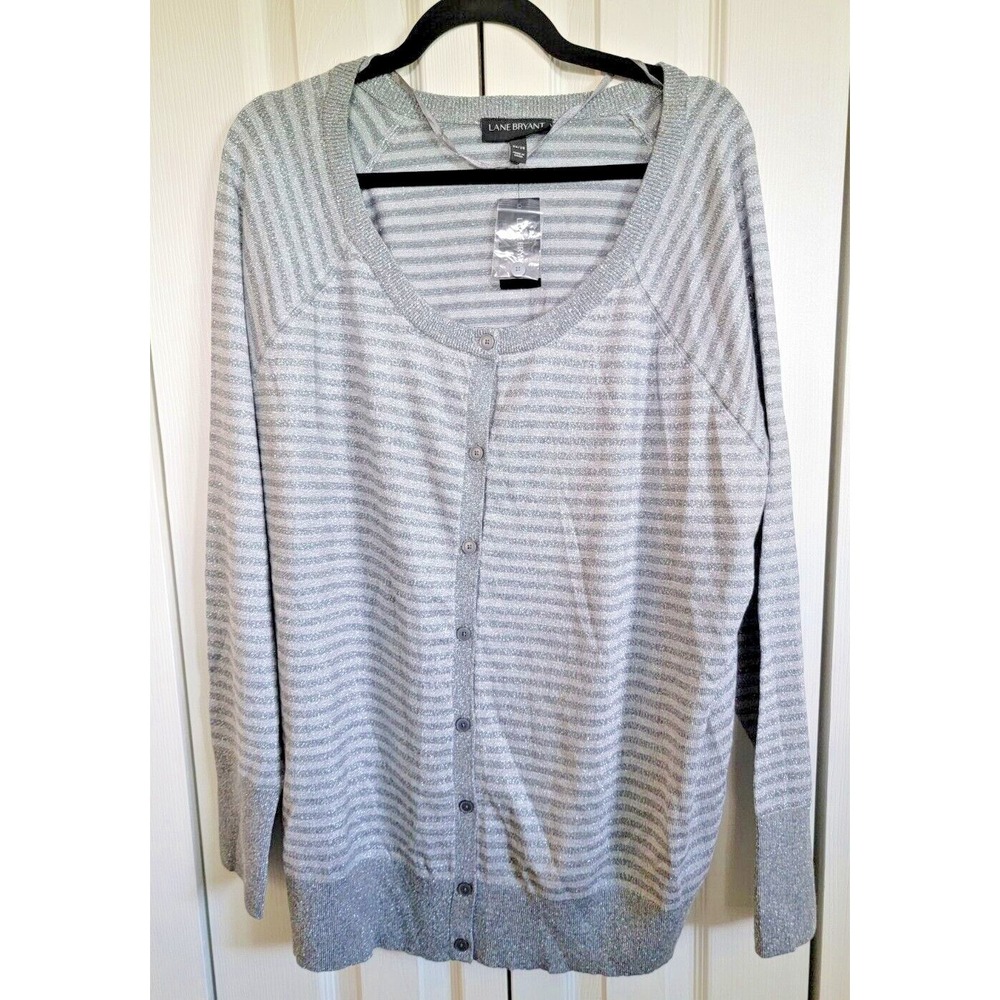 Lane Bryant 26/28 Silver Stripe Metallic Button Front Knit Cardigan LS NWT‎ RV60